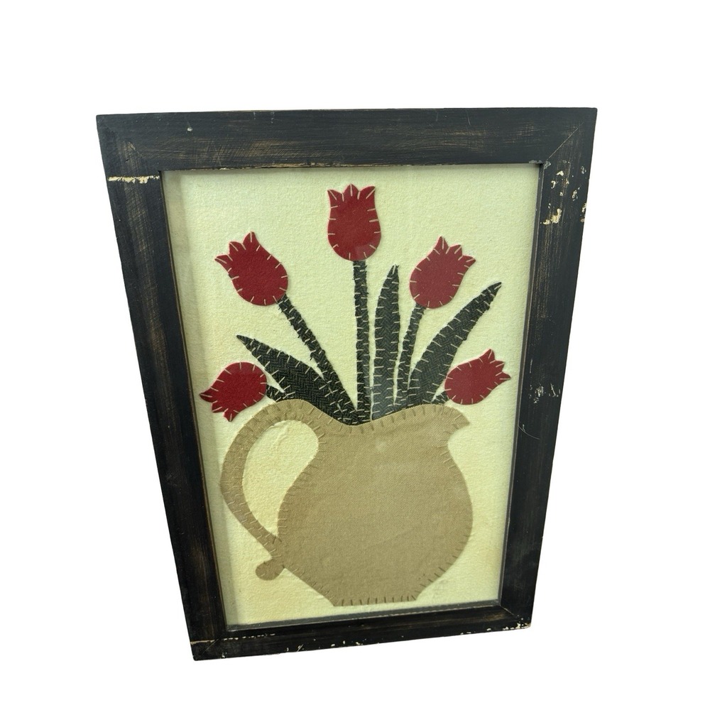 VTG Primitive Cottagecore country core wood frame Tullips teapot fabric stitch